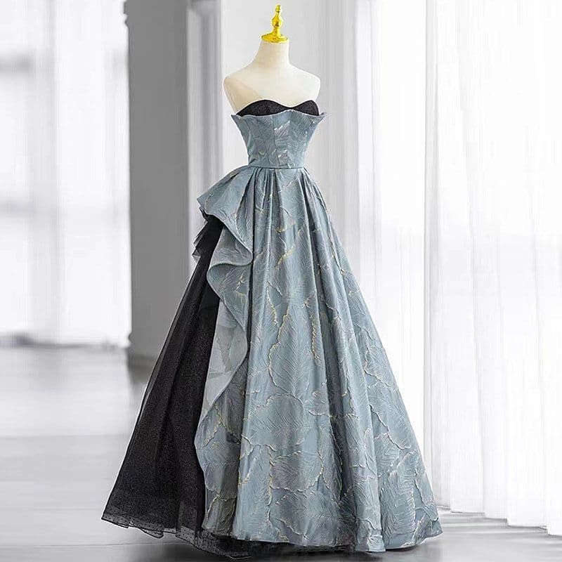 上品アシメデザイン 繊細ブルーグレードレス 特別な一日に