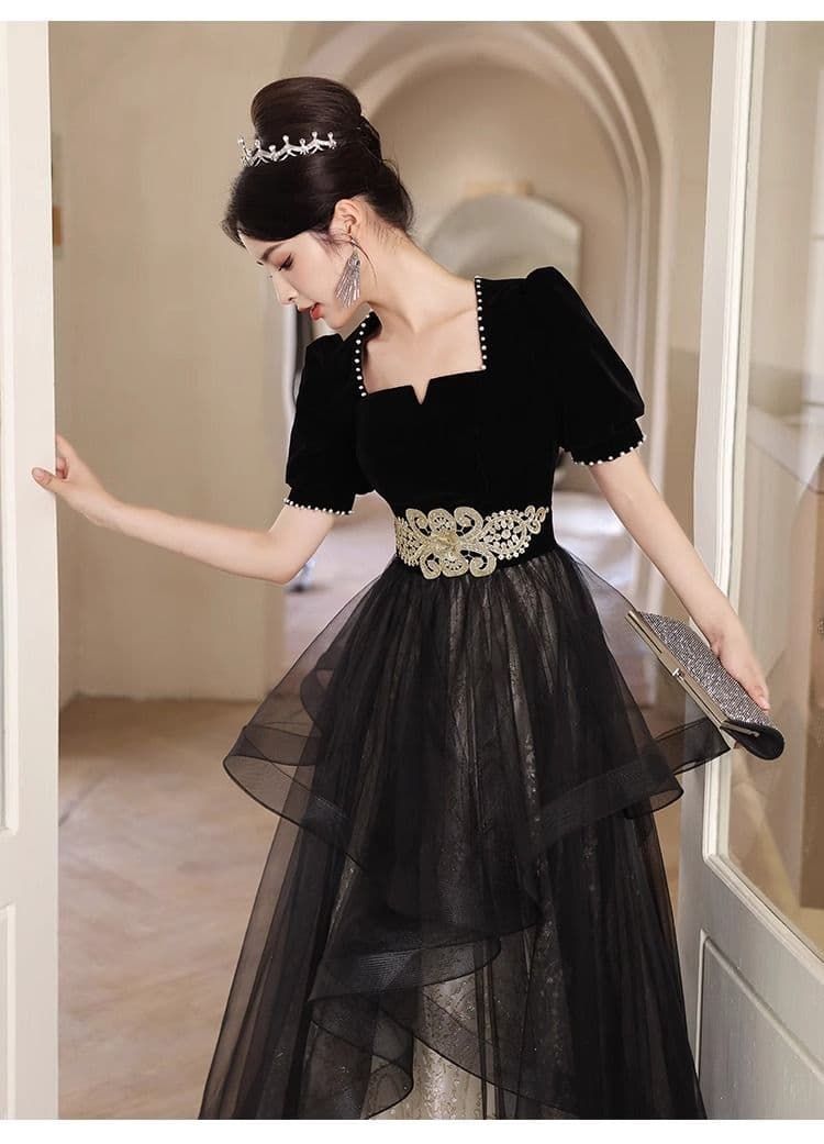 シックなブラックレースのロングドレス パーティードレス