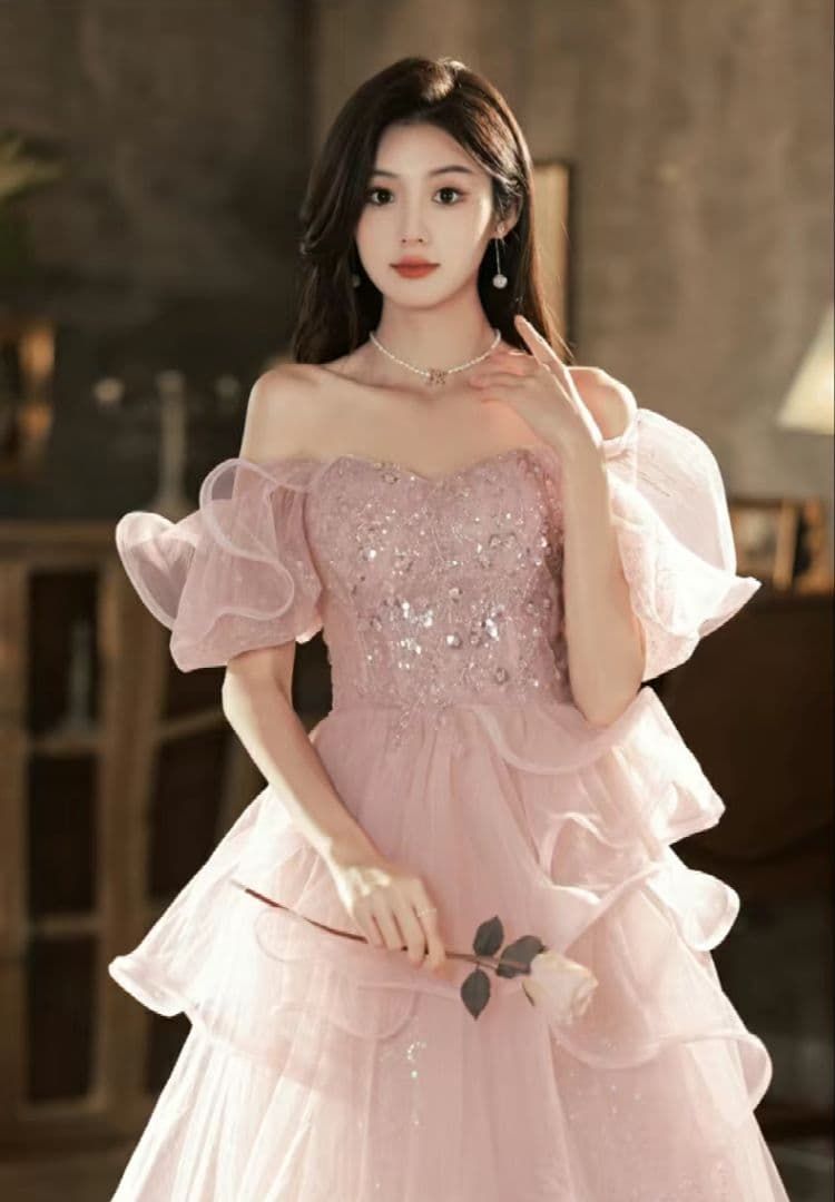 ピンク オフショルダー フリルドレス ウェディング カクテルドレス