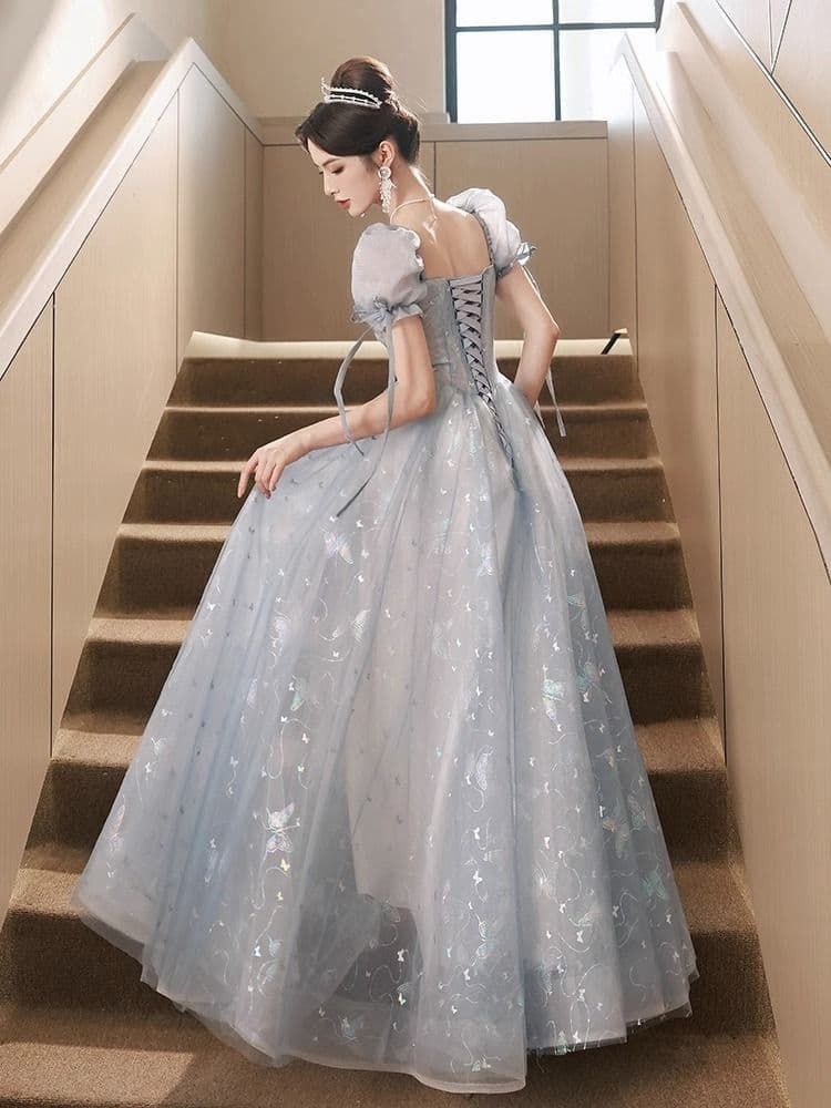 ライトブルー ドレス パフスリーブ ウェディング パーティー