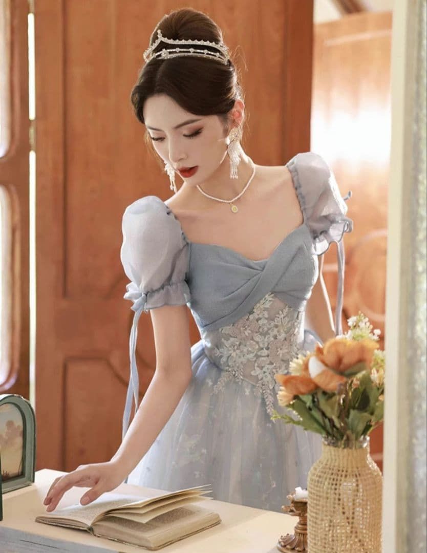 ライトブルー ドレス パフスリーブ ウェディング パーティー