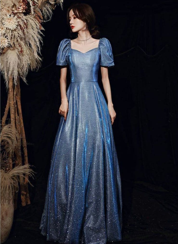 ゴージャス青ラメのパフスリーブロングドレスS パーティー 演奏会