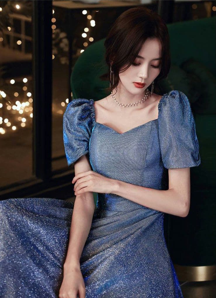 ゴージャス青ラメのパフスリーブロングドレスS パーティー 演奏会