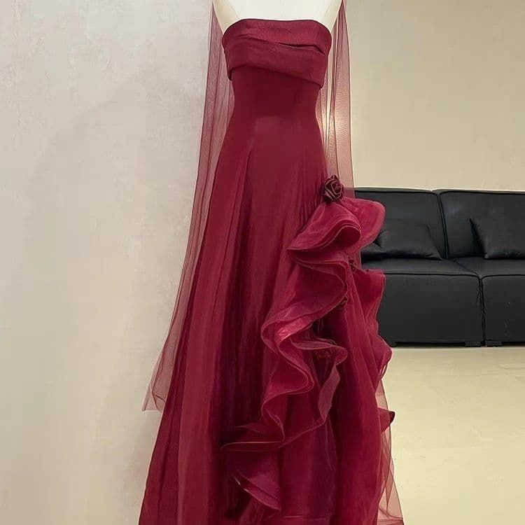 バーガンディ＆ローズフリルロングドレス キャバドレス