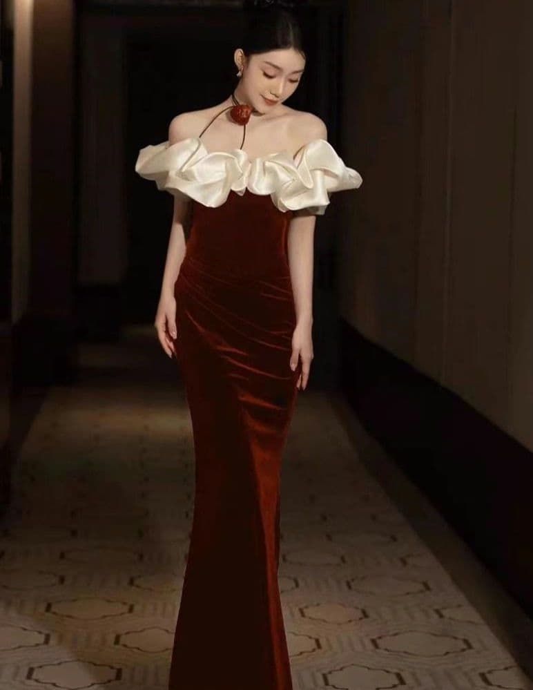 ボルドーレッドのマーメイドドレス ナイトドレス 大きいサイズ