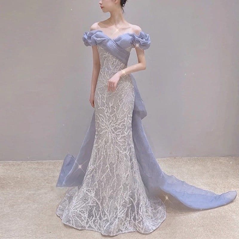 華やかチュールの美シルエットロングドレス ラベンダー オフショルダー