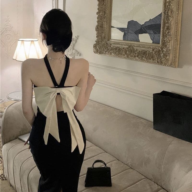 セクシーバックリボンマーメイドドレス ホルターネック