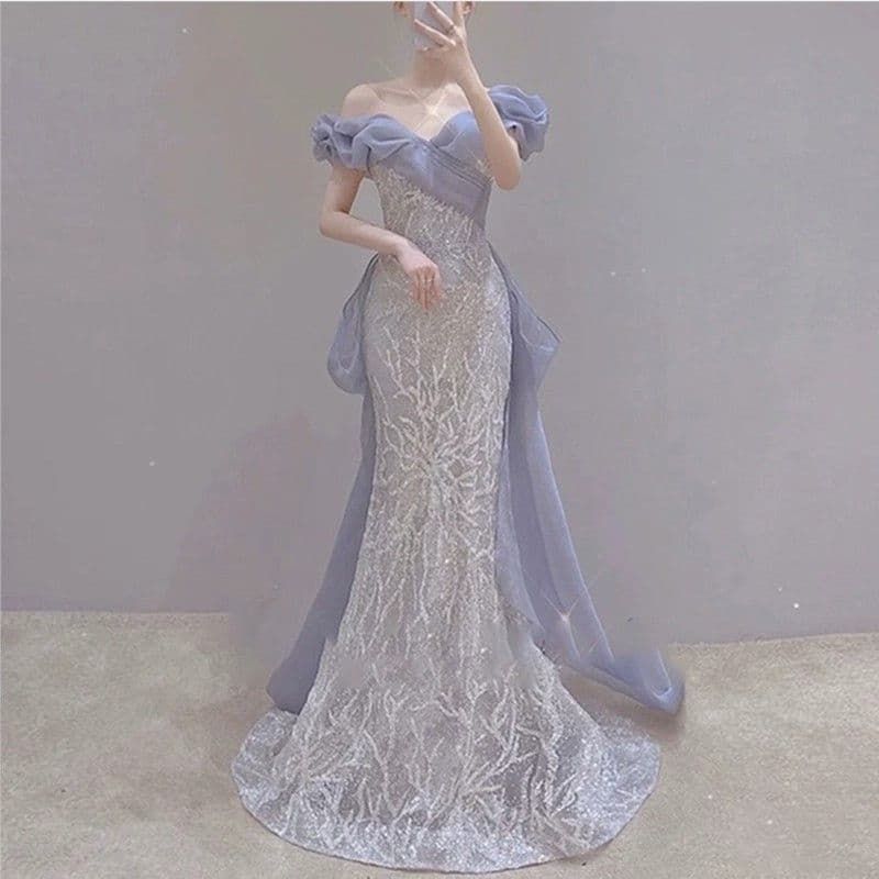 華やかチュールの美シルエットロングドレス ラベンダー