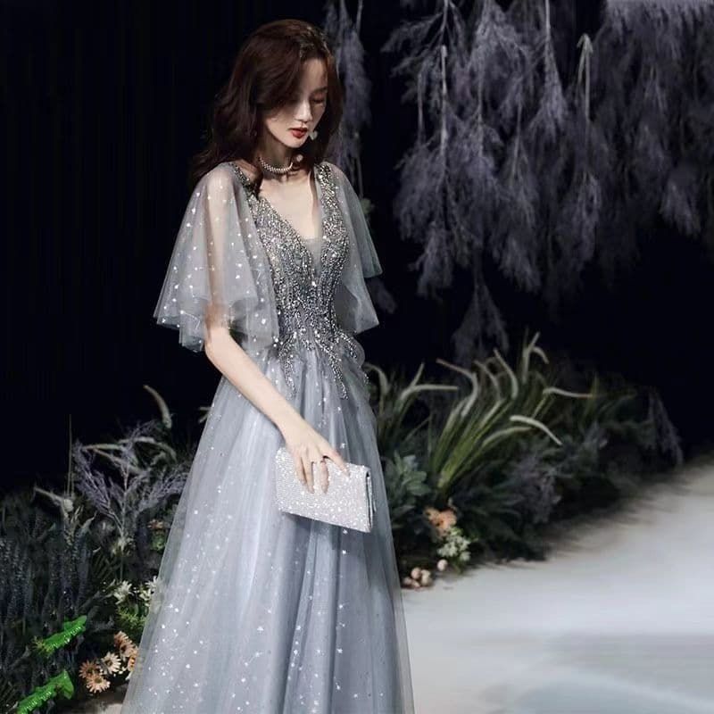 シルバーラメロングドレス オーガンジー袖 編み上げ ゆったりサイズ