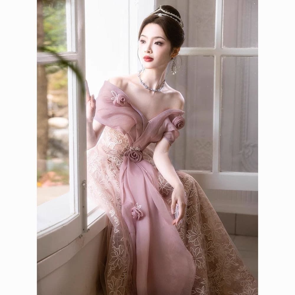 ピンクフラワー編み上げドレス カクテルドレス オフショルダー