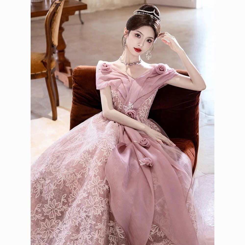 ピンクフラワー編み上げドレス カクテルドレス オフショルダー