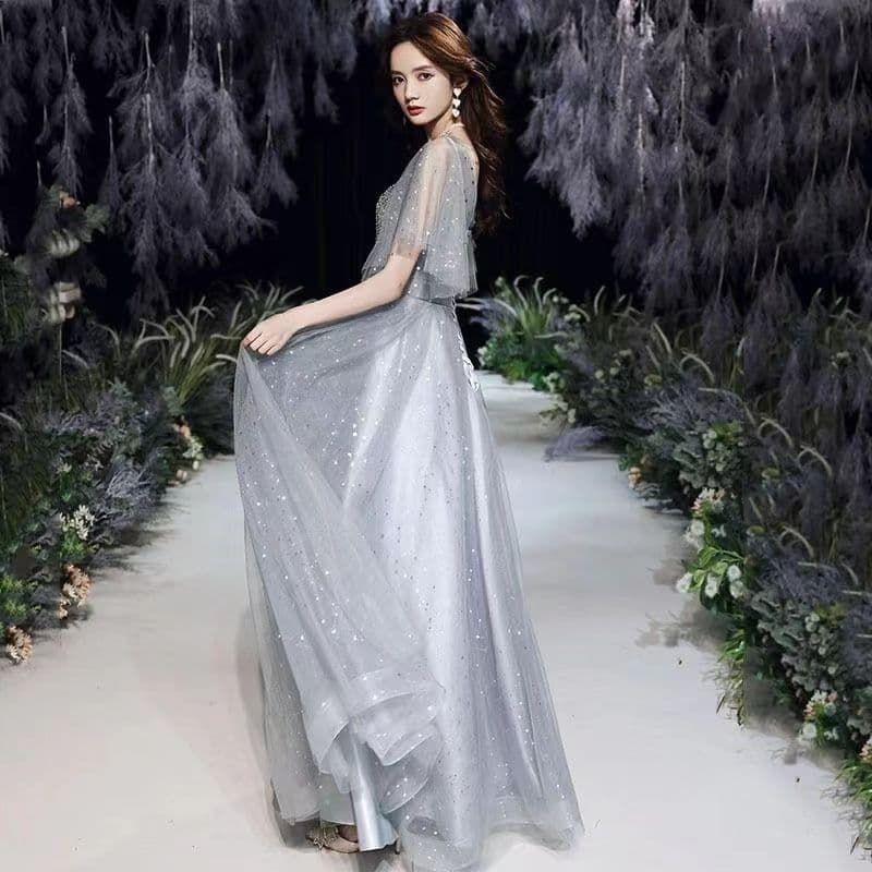 シルバーラメロングドレス オーガンジー袖 編み上げ ゆったりサイズ