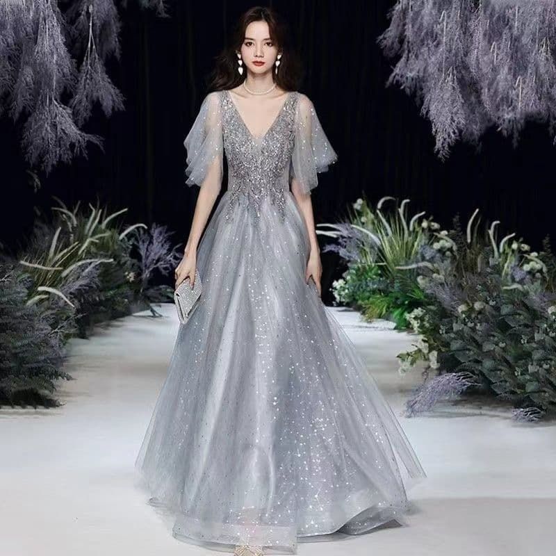 シルバーラメロングドレス オーガンジー袖 編み上げ ゆったりサイズ