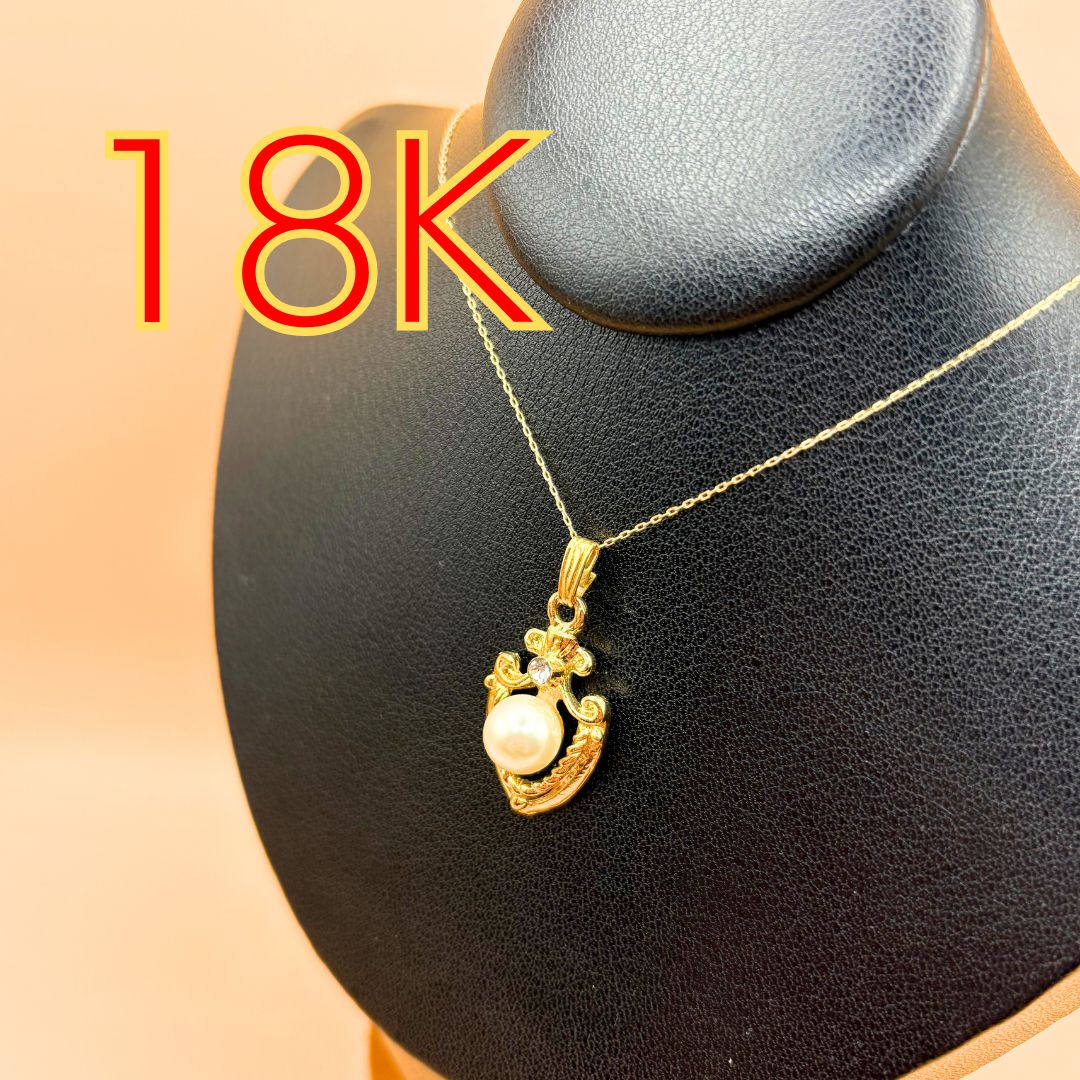 18Kゴールド 小豆チェーンネックレス 白石トップ付き Au750 K18