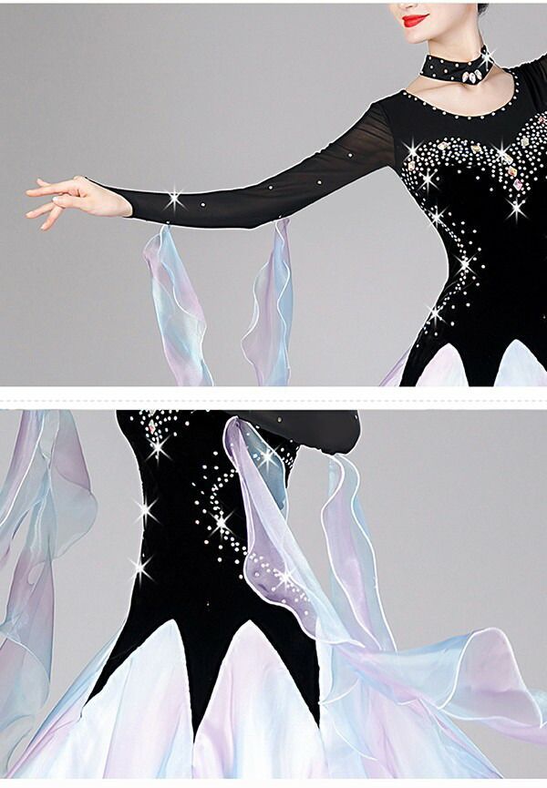社交ダンスドレス フロート 上品 競技用 社交ダンス衣装 ワンピース ドレス キラキラ 社交ダンス ダンスウエア 広がる 舞台 豪華 長袖 ワルツ 発表会 団体 パーティー デモ 黒 LLC-HASEGAWATOSO_COM
