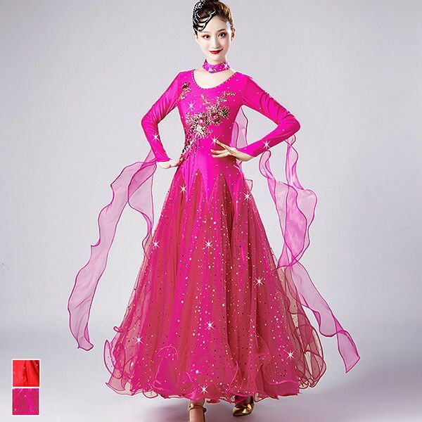 社交ダンスドレス フロート 上品 競技用 社交ダンス衣装 ワンピース ドレス キラキラ 社交ダンス ダンスウエア 広がる 舞台 豪華 長袖 ワルツ 発表会