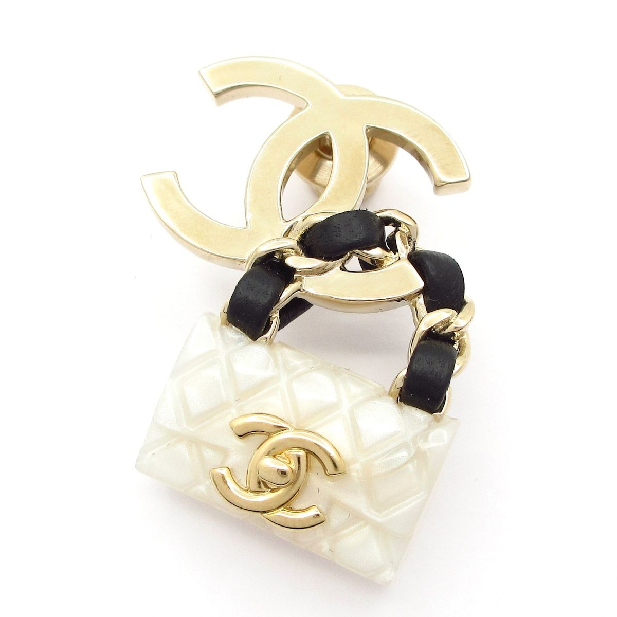 CHANEL シャネル ブローチ ココマーク マトラッセ ゴールド×白×黒 バッグモチーフ