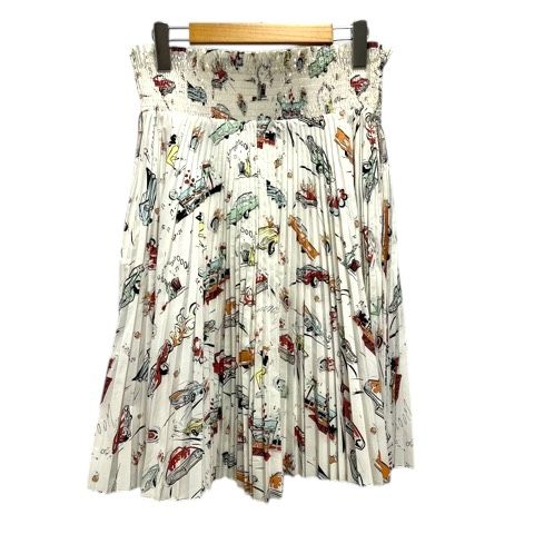 プラダ PRADA スカート プリーツ フレア ギャザー 総柄 ひざ丈 40S 白