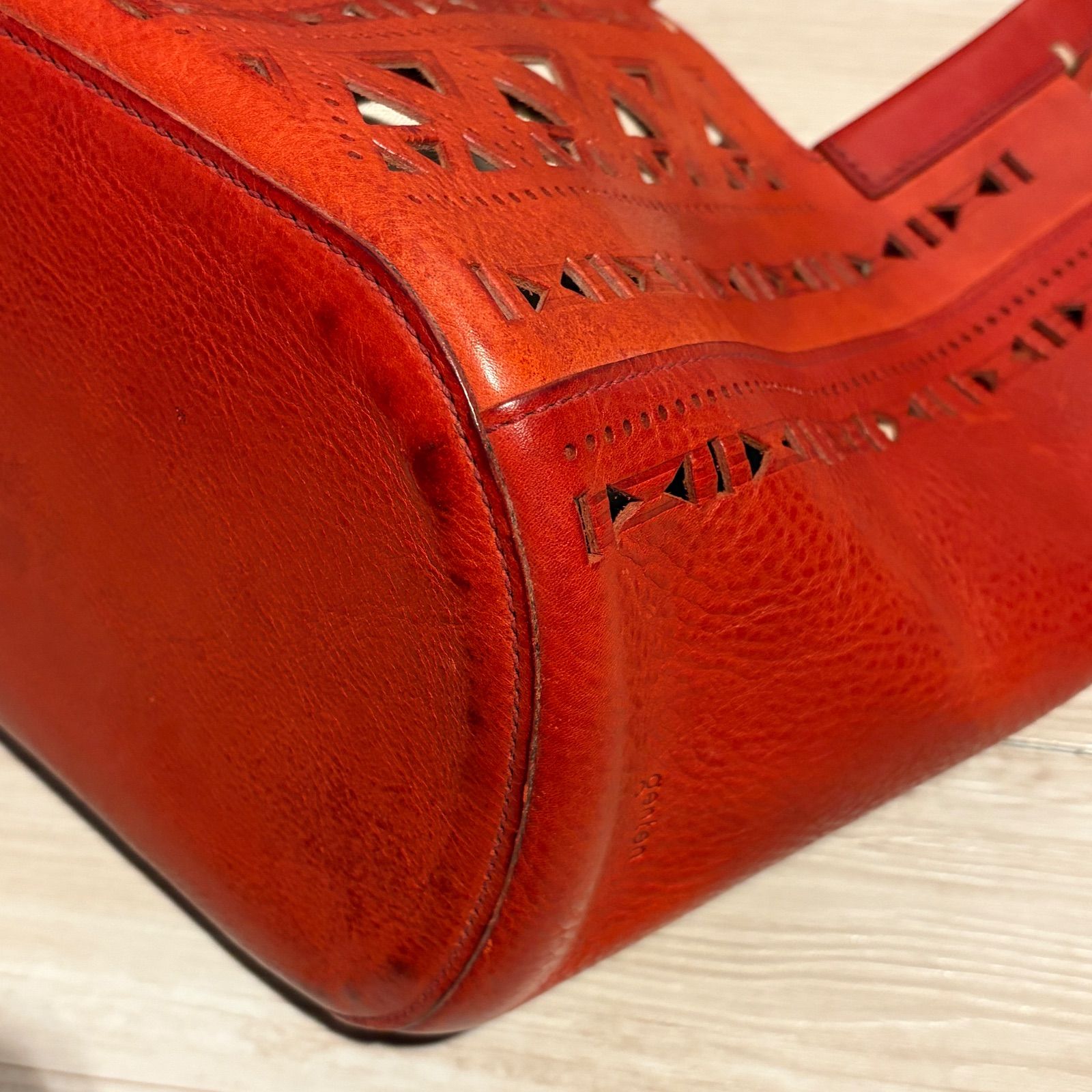 レディース genten ゲンテン カットワーク レザー トートバッグ レッド 