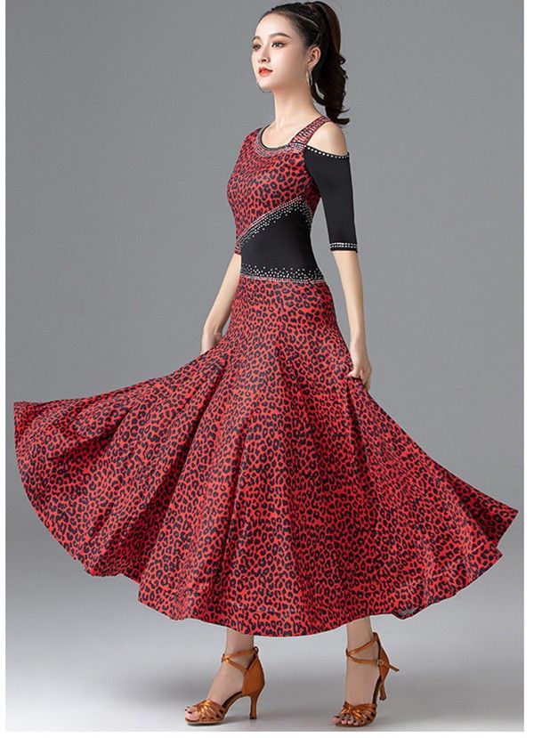 社交ダンス ドレス 社交ダンス 衣装 ワンピース モダン ルンバ レッスン着 広がる裾 ヒョウ柄 ワルツ 練習着 発表会 ストレッチ 団体 レッド 赤 ステージ