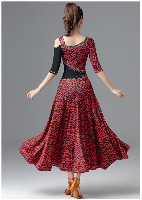 社交ダンス ドレス 社交ダンス 衣装 ワンピース モダン ルンバ レッスン着 広がる裾 ヒョウ柄 ワルツ 練習着 発表会 ストレッチ 団体 レッド 赤 ステージ LLC-HASEGAWATOSO_COM
