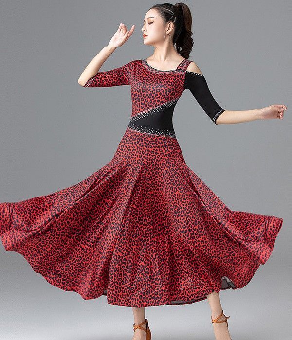 社交ダンス ドレス 社交ダンス 衣装 ワンピース モダン ルンバ レッスン着 広がる裾 ヒョウ柄 ワルツ 練習着 発表会 ストレッチ 団体 レッド 赤 ステージ