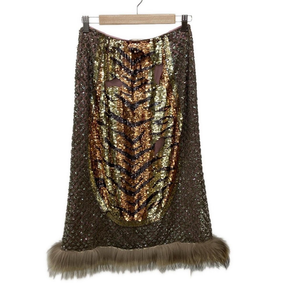 ETRO エトロ スカート サイズ40 M レディース - ピンク×ブラウン×マルチ スパンコール ファー