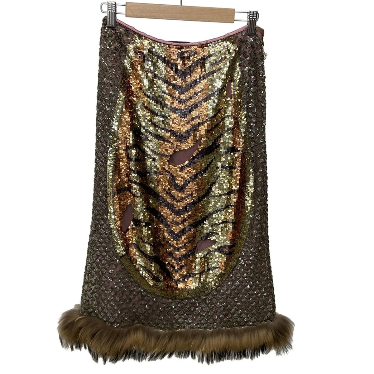 ETRO エトロ スカート サイズ40 M レディース - ピンク×ブラウン×マルチ スパンコール ファー