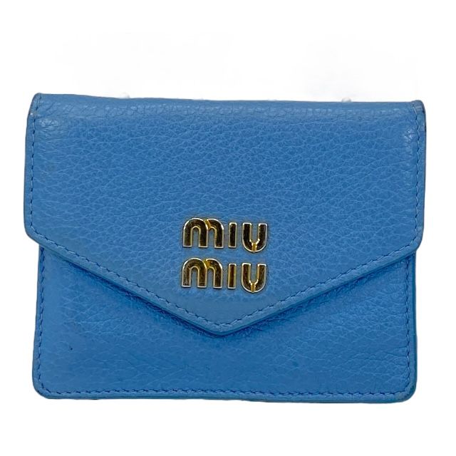 ミュウミュウ 5MF031 カードケース パスケース 名刺入れ コンパクト ロゴ レザー ブルー miu miu レディース 人気 定番 上品 感 かわいい