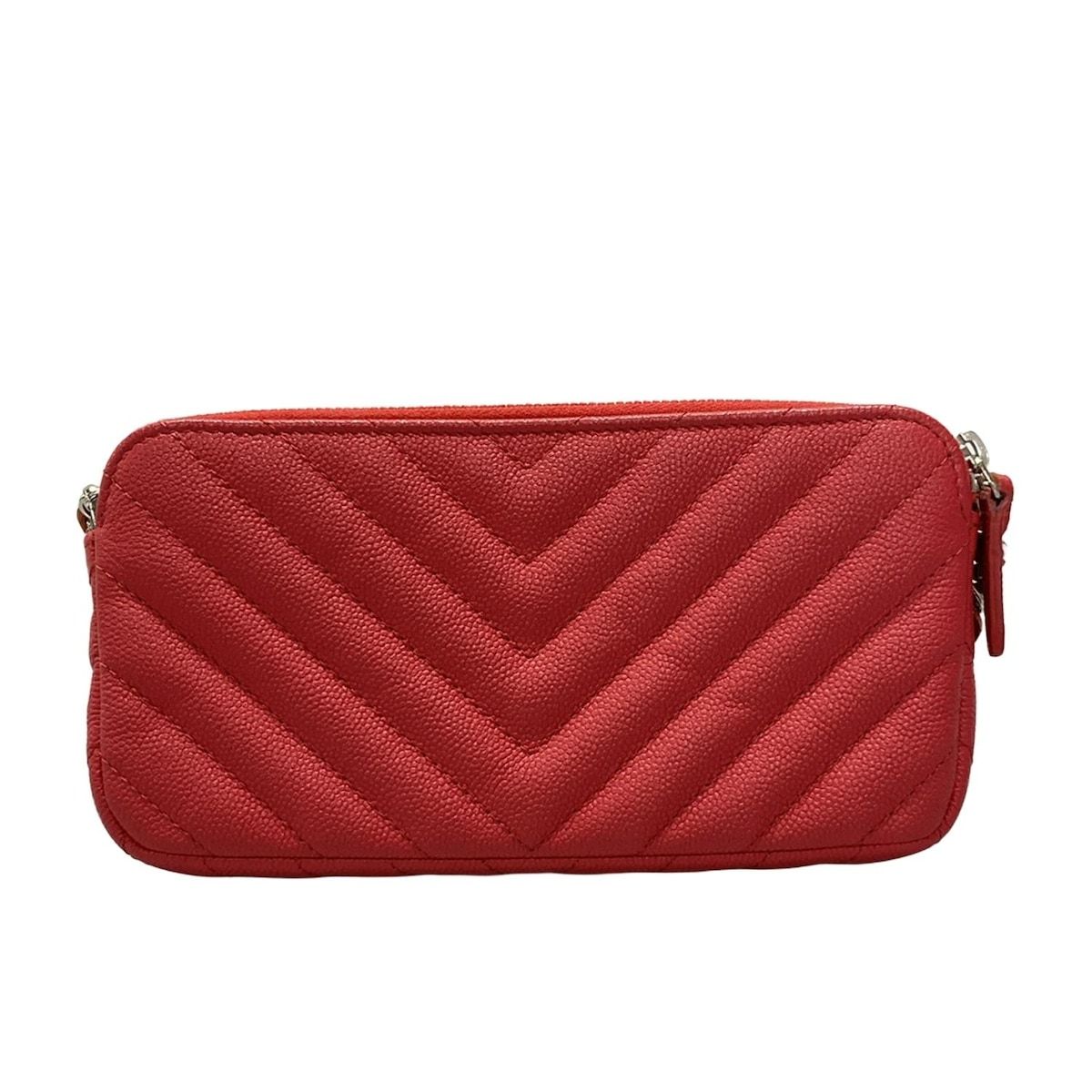 CHANEL シャネル 財布 Vステッチ シェブロン A82527 レッド チェーンウォレット シルバー金具
