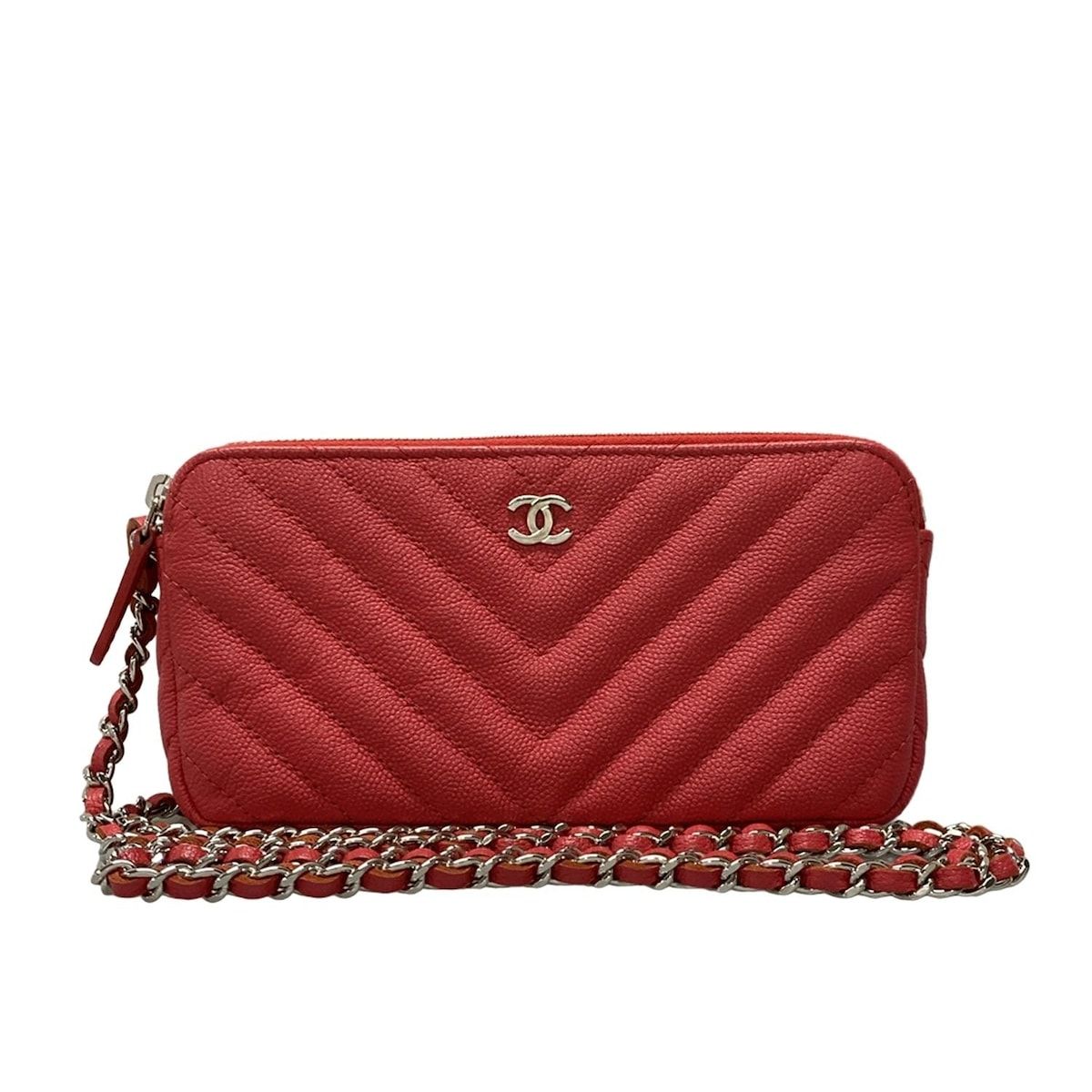 CHANEL シャネル 財布 Vステッチ シェブロン A82527 レッド チェーンウォレット シルバー金具
