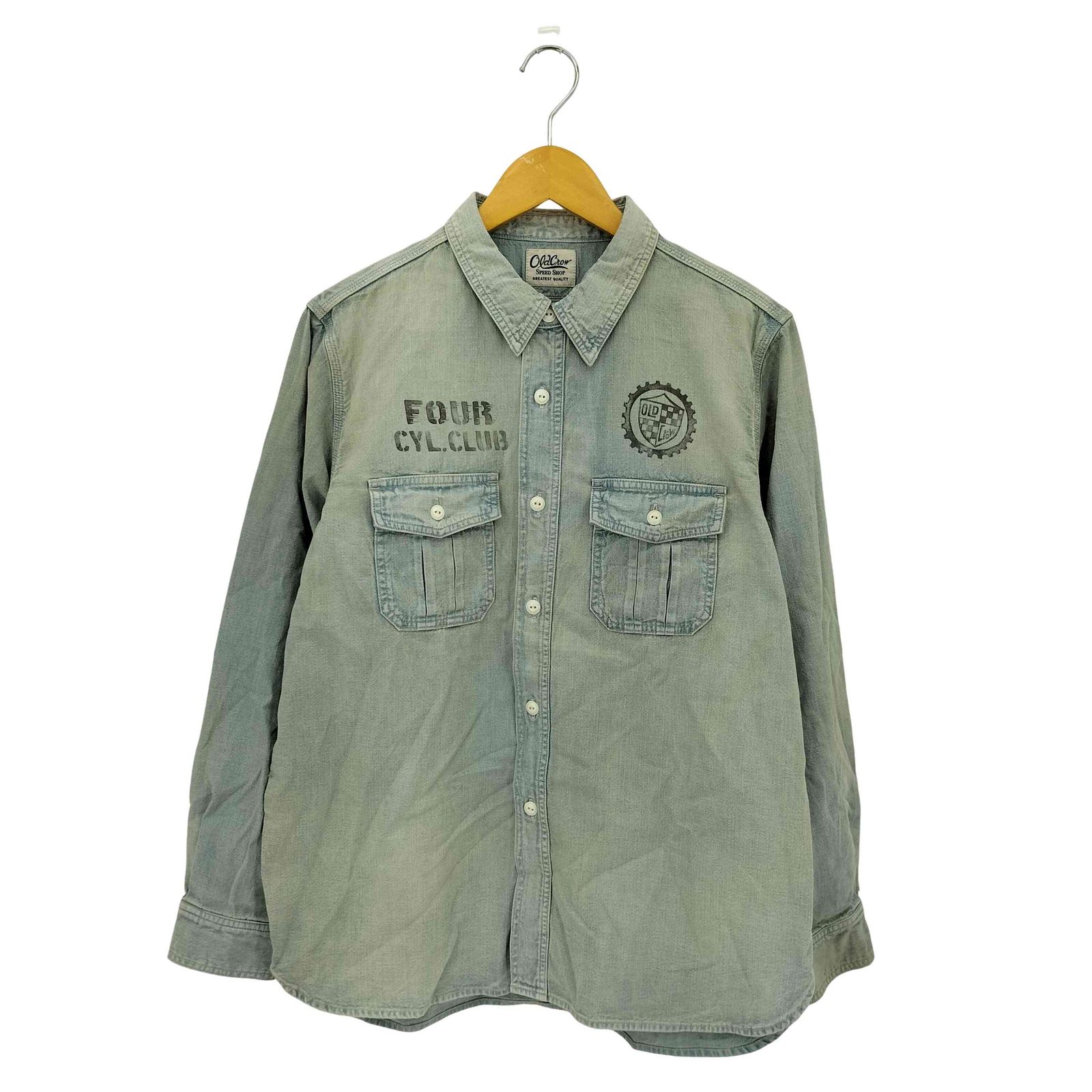 クロウ OLD CROW FOUR CYL RACE L S WORK SHIRTS ステンシルプリント フロントポケット ワーク デニム 長袖シャツ メンズ XL