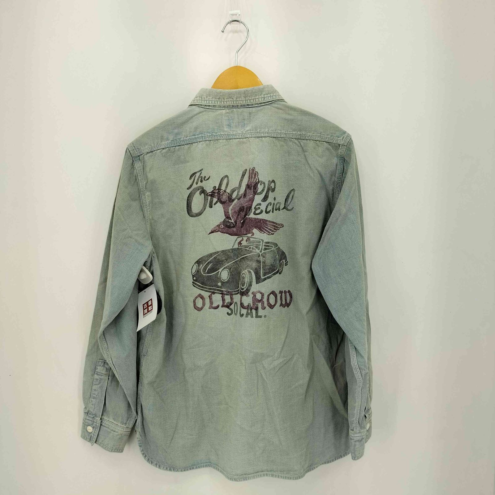 クロウ OLD CROW FOUR CYL RACE L S WORK SHIRTS ステンシルプリント フロントポケット ワーク デニム 長袖シャツ メンズ XL