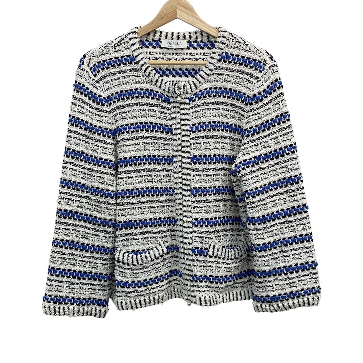 ネミカ ブルゾン サイズ17 XL レディース - 白×黒×ブルー 長袖 ニット スパンコール ジップアップ 春 秋