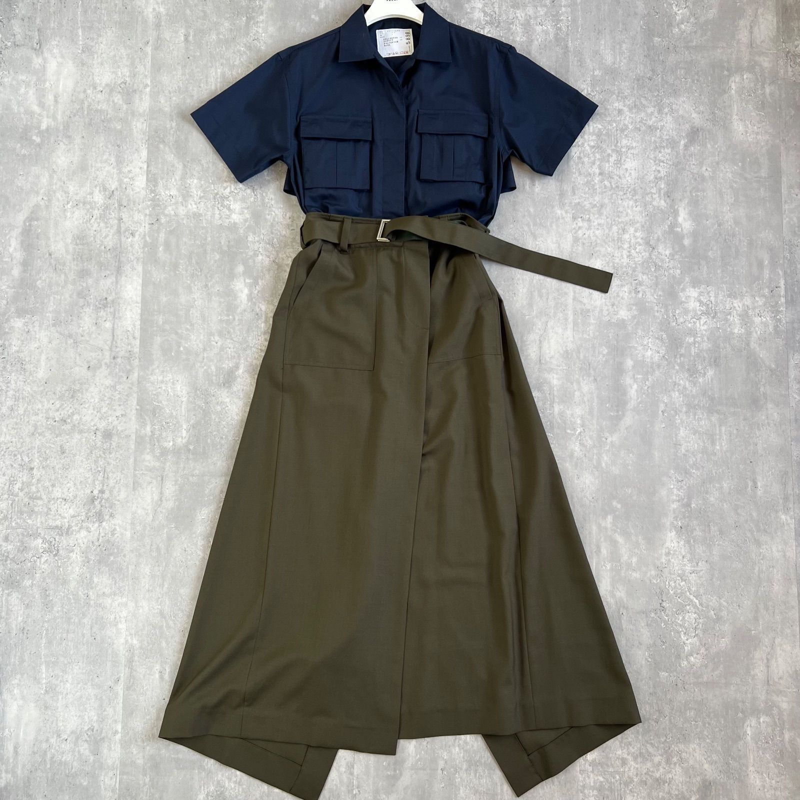 sacai サカイ Suiting Mix Dress ワンピース インナーあり ハンガー ネイビー＆カーキ SIZE1 22-05898