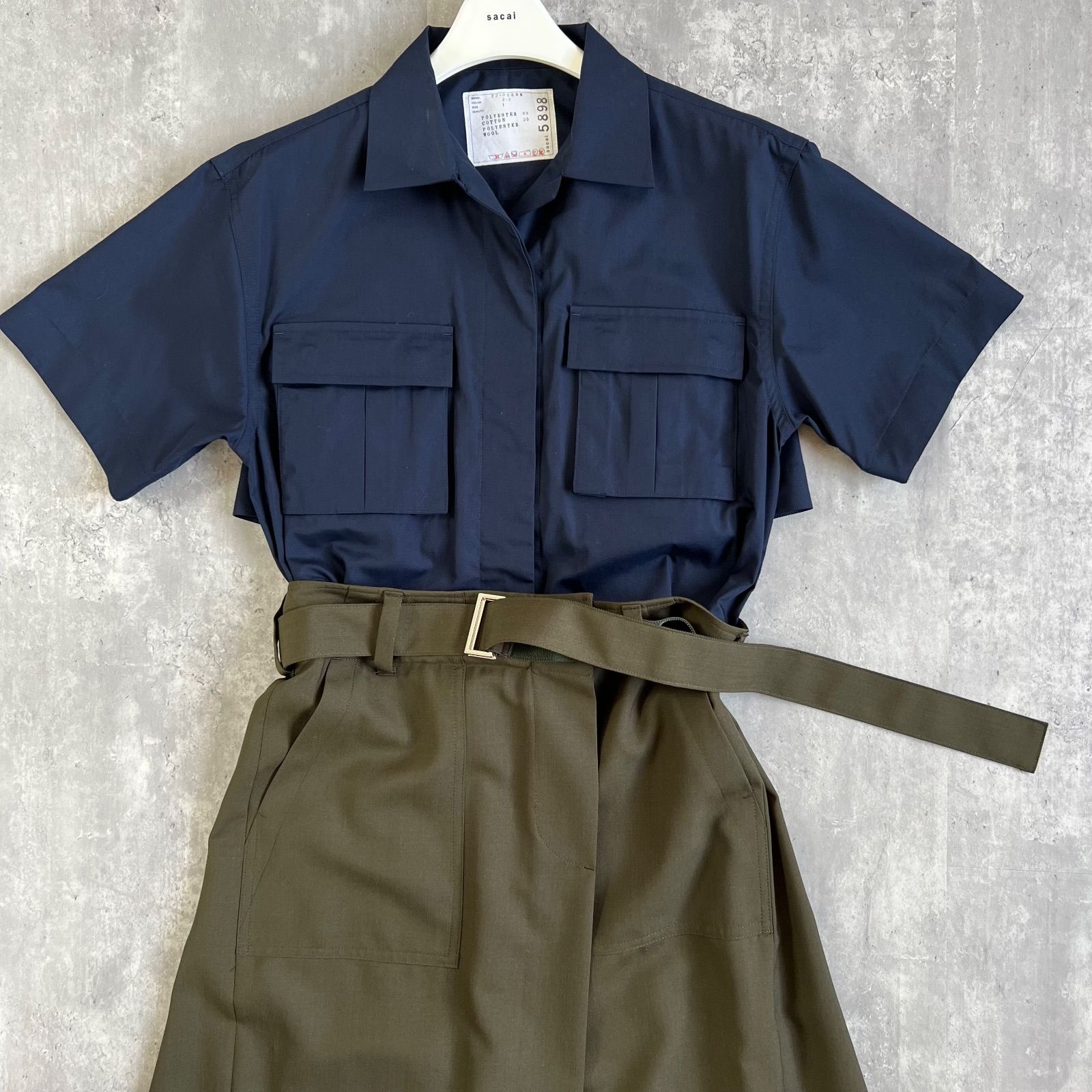 sacai サカイ Suiting Mix Dress ワンピース インナーあり ハンガー ネイビー&カーキ SIZE1 22-05898