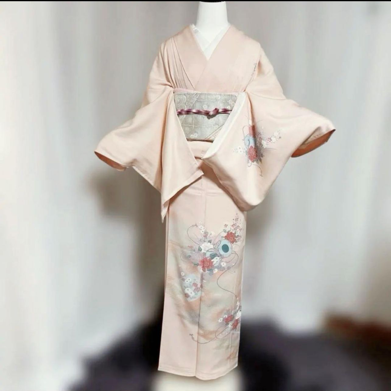 袷 正絹 友禅 訪問着 フルセット 特選西陣唐織プラチナ箔袋帯 New Silk Yuzen Kimono Set with Premium Nishijin Platinum Brocade Obi
