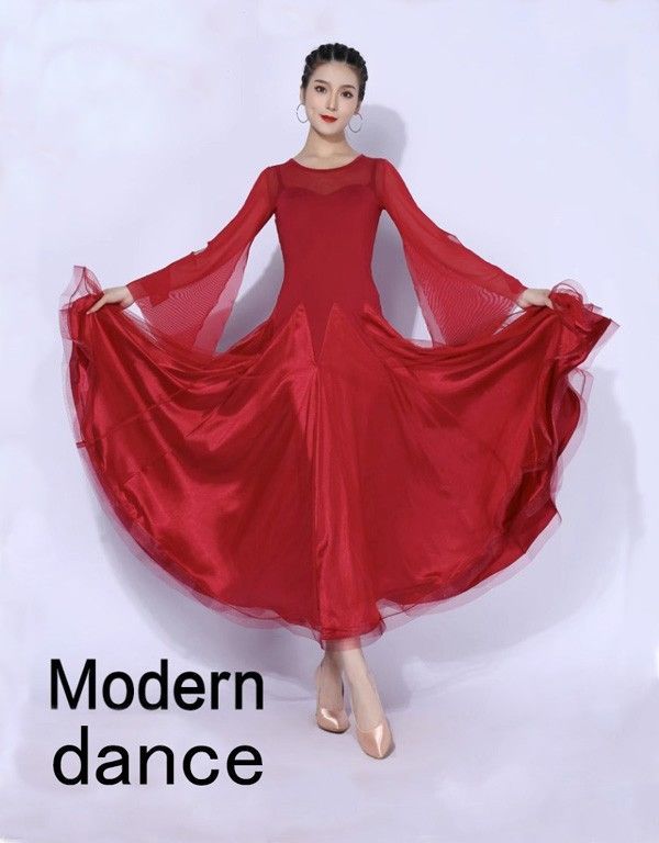 社交ダンスドレス 社交ダンス モダンドレス 大きいサイズ 長袖 大きい裾 ドレス ワルツダンス ダンスウェア ステージ衣装 競技会 ダンスパーティー 発表会 競技着