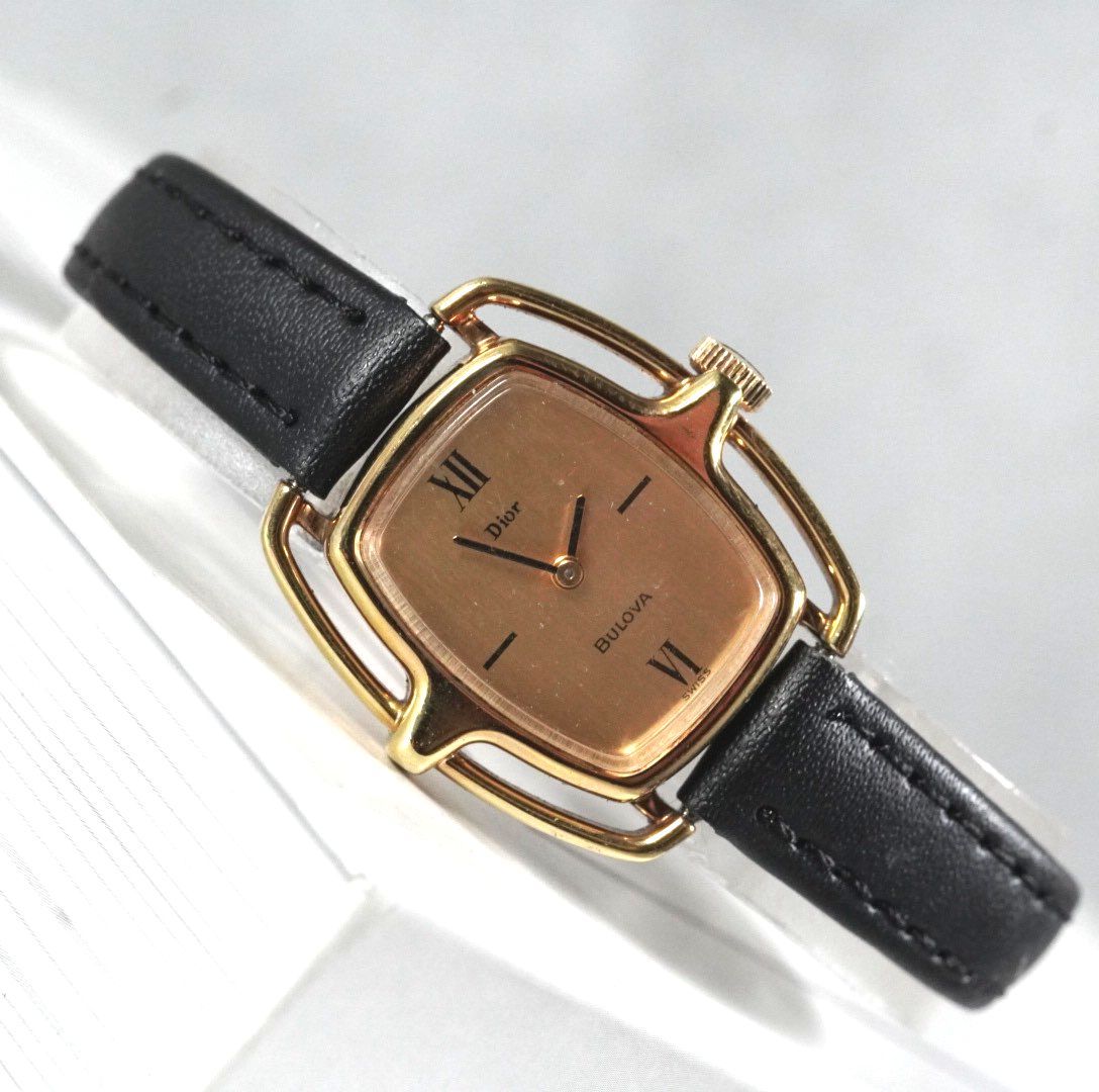Christian Dior BULOVA クリスチャン ディオール ブローバ antique wacth レディース ウォッチ 腕時計 手巻き 稼働品 トノー型 ローマン ゴールド Wネーム ベルト