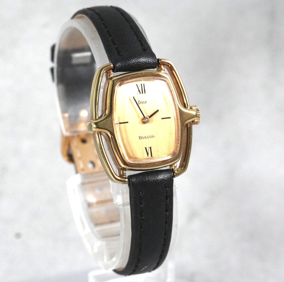 Christian Dior BULOVA クリスチャン ディオール ブローバ antique wacth レディース ウォッチ 腕時計 手巻き 稼働品 トノー型 ローマン ゴールド Wネーム ベルト