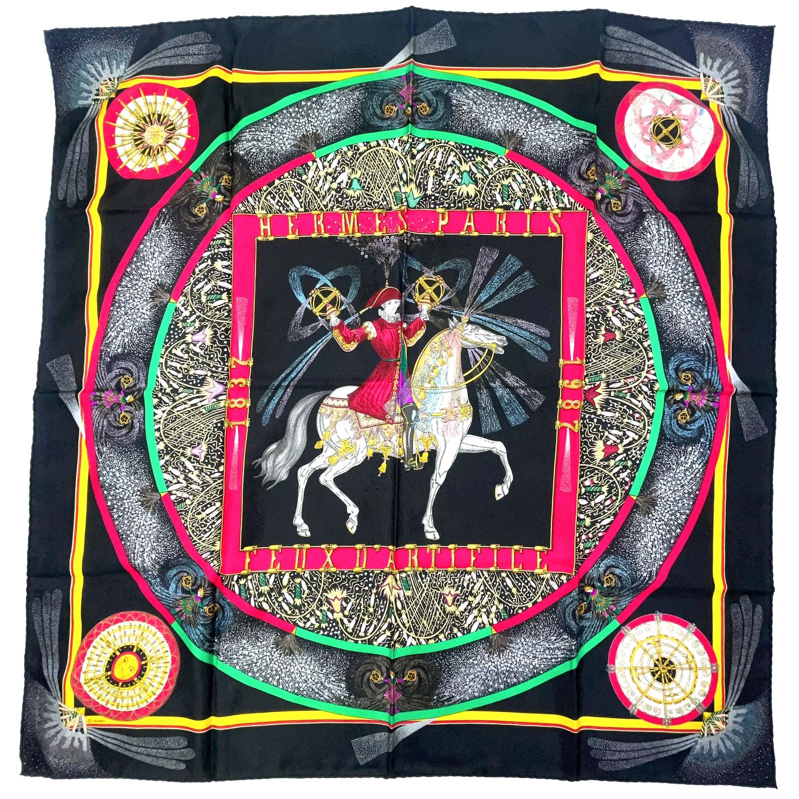 HERMES FEUX D ARTIFICE カレ90 花火 シルク ブラック×マルチ スカーフ