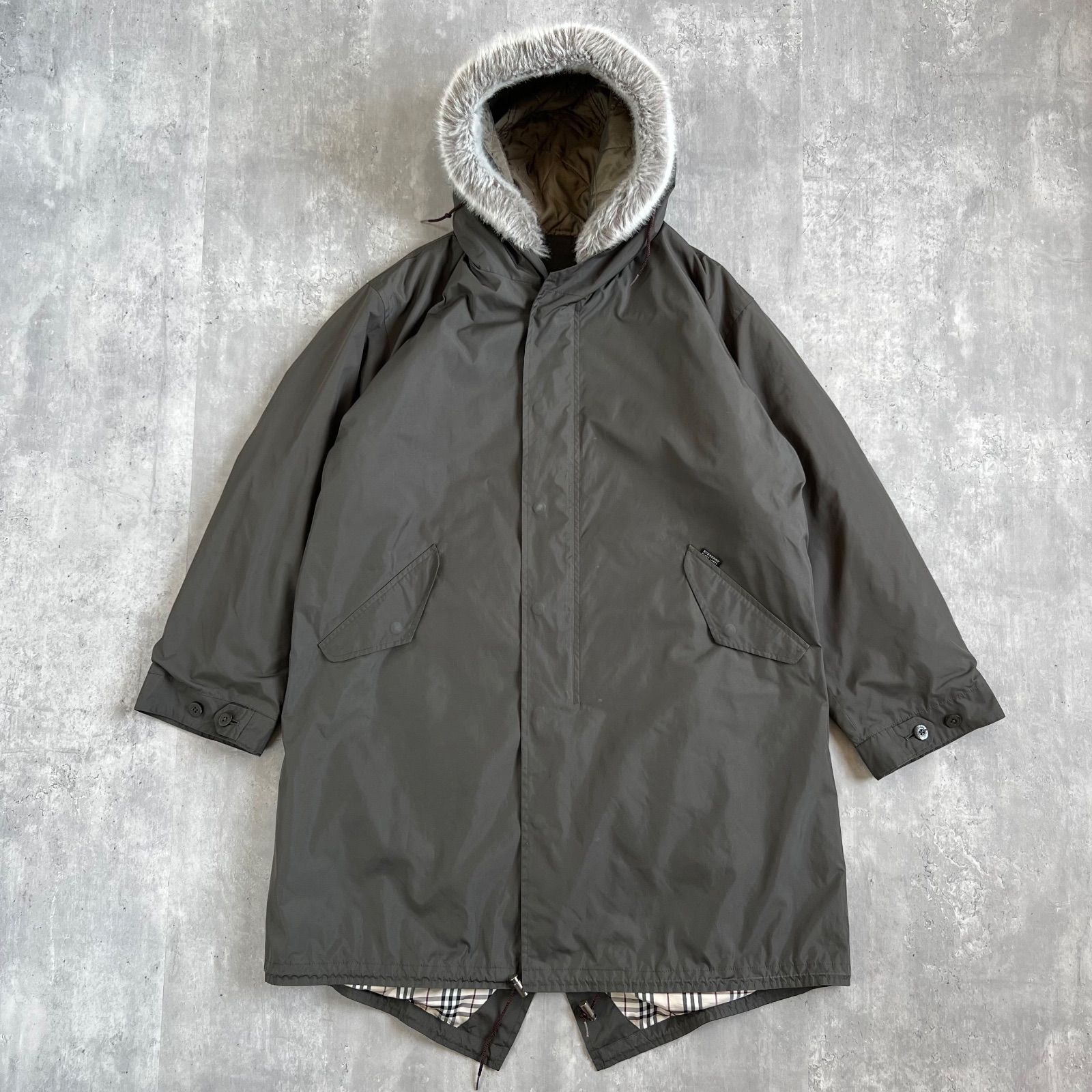 BURBERRY BLACK LABEL バーバリーブラックレーベル ファー＆ライナー着脱式 中綿入りモッズコート グレー系 Lサイズ