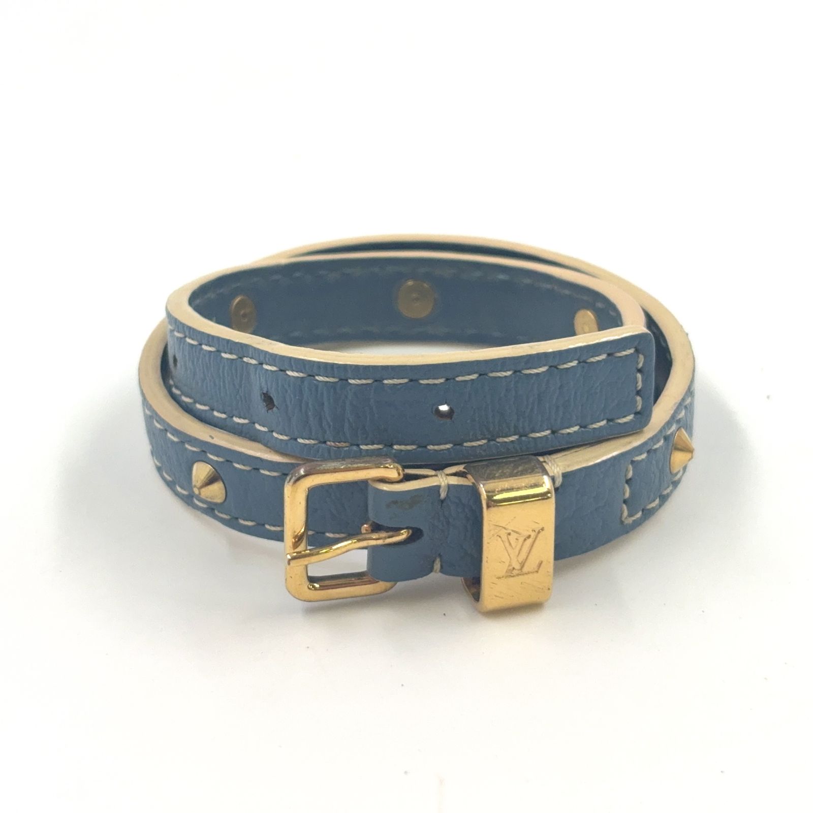 LOUIS VUITTON ブラスレ ドゥブルトゥール スハリ レザー ブルー バングル ゴールド M 91845