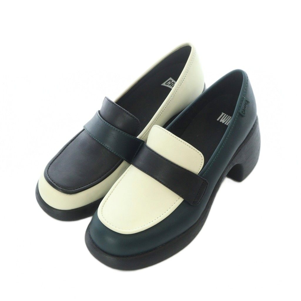 カンペール CAMPER ツインズ TWINS ヒールローファー レザー 本革 37 23.4 cm 黒 ブラック 白 ホワイト 深緑 K 201292-023 RI OS