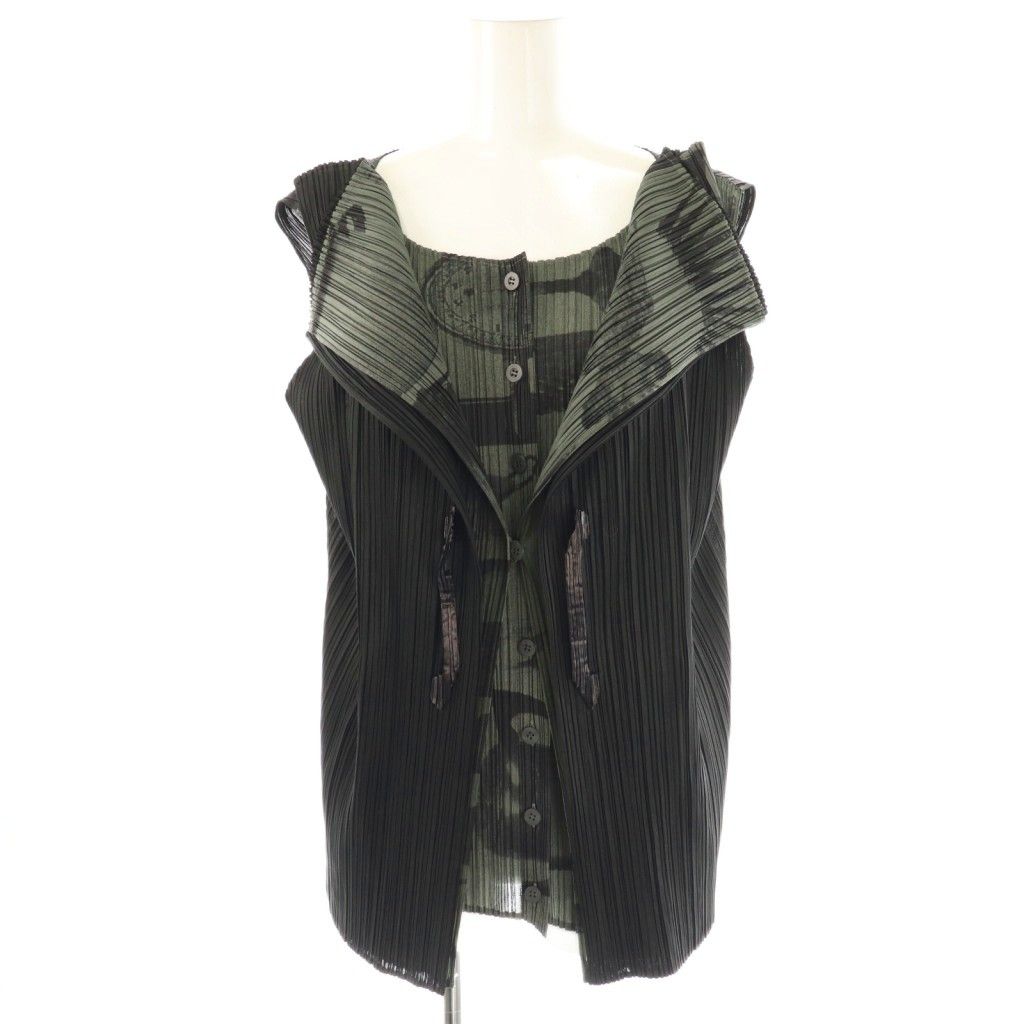 プリーツプリーズ PLEATS PLEASE イッセイミヤケ 食器柄 食器棚モチーフ ノースリーブ 変形シャツ 3 黒 ブラック グレー AT OS