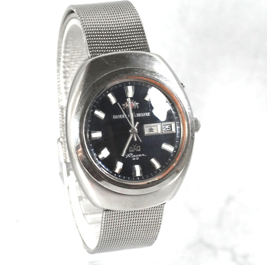  オリエント レーサー ORIENT DELUXE Racer 23 jewels VINTAGE 自動巻 automatic デイデイト 1970s antique wacth 国産 レトロ メンズ ブラック 稼働品 ボタンダウン 自動巻き時計 腕時計(アナログ)