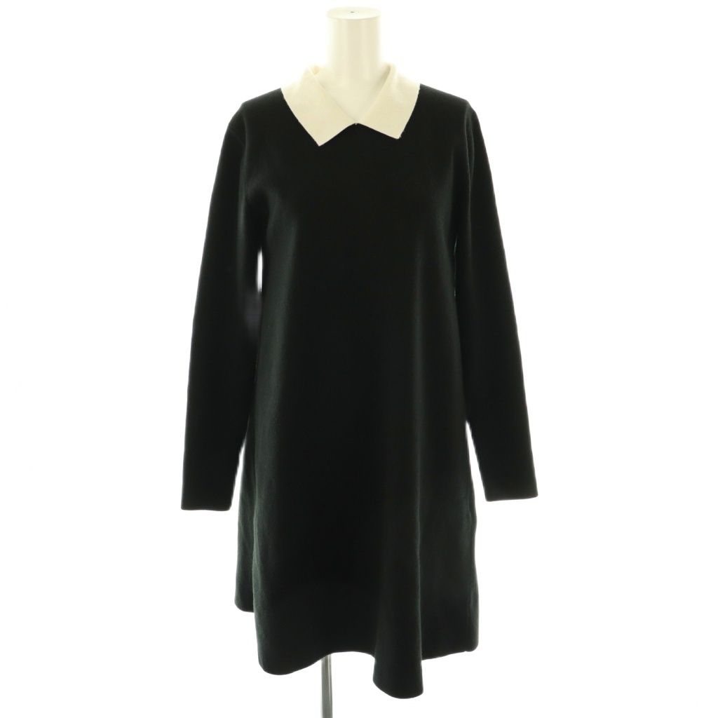 セルフォード CELFORD 25AW 衿付きAラインニットワンピース ひざ丈 36 ブラック ホワイト DF OS SH