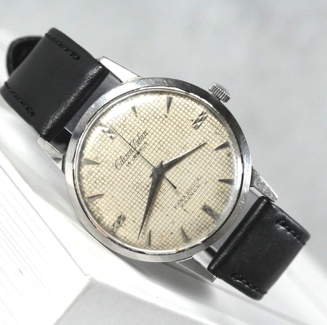 格子柄 シチズン Citizen Deluxe 手巻き 19jewels 19石 ヴィンテージ 腕時計 チェック文字盤 ワッフル 1950s antique アンティーク PHYNOX 稼働品 men s wacth