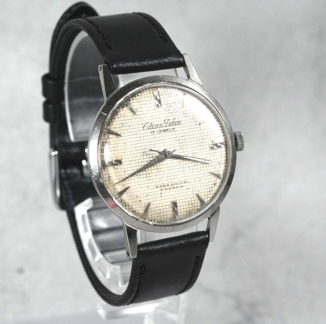格子柄 シチズン Citizen Deluxe 手巻き 19jewels 19石 ヴィンテージ 腕時計 チェック文字盤 ワッフル 1950s antique アンティーク PHYNOX 稼働品 men s wacth