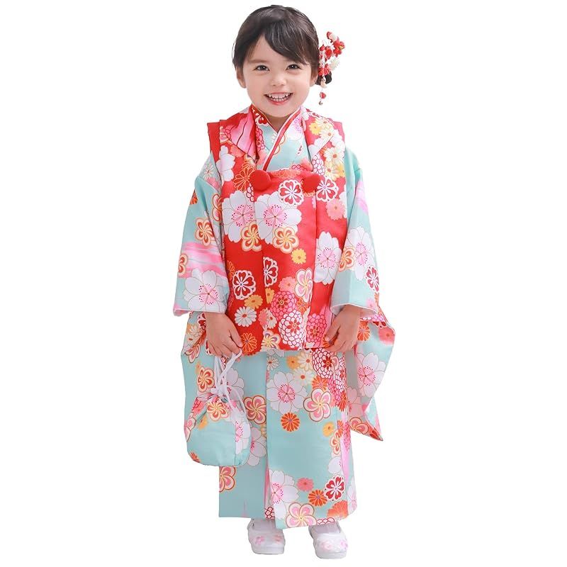 KYOETSU キョウエツ 自宅で簡単着付け 七五三 3歳 女の子 着物 セパレート 二部式 セット 被布 小物 フルセット 753 4点セット 4.蒼の夢咲き 90-100 cm